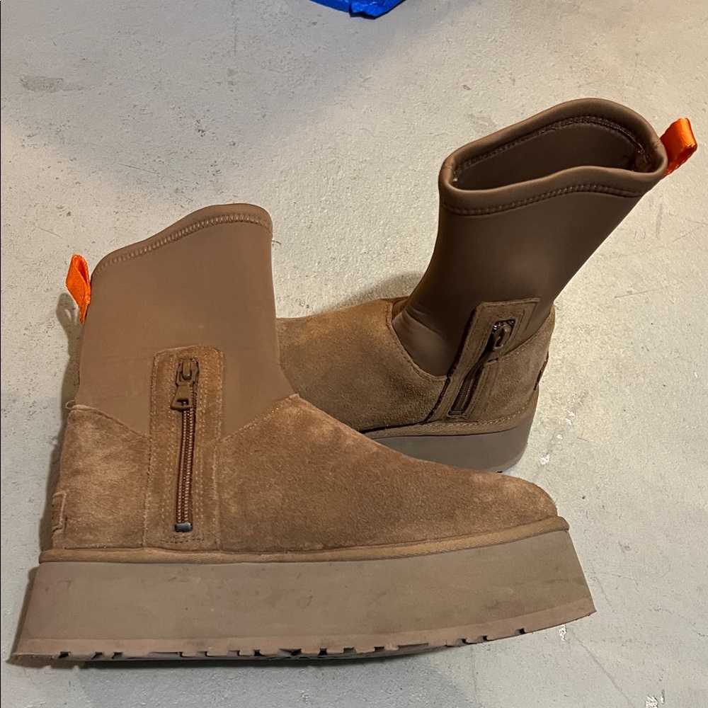 UGG Women's Brown Suede Platform Ankle Boots with Orange Pull Tabs